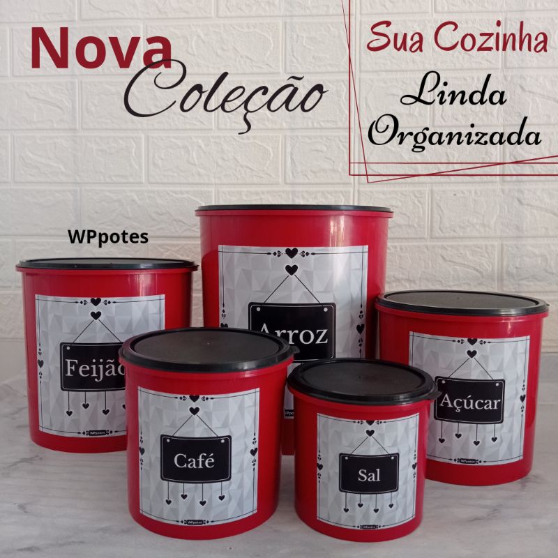 Potes para Arroz Feijão Açúcar Café e Sal Kit Mantimento 5 peças Jogo de latas Conjunto Potes Cozinha Vermelho Tampa Preta Coração