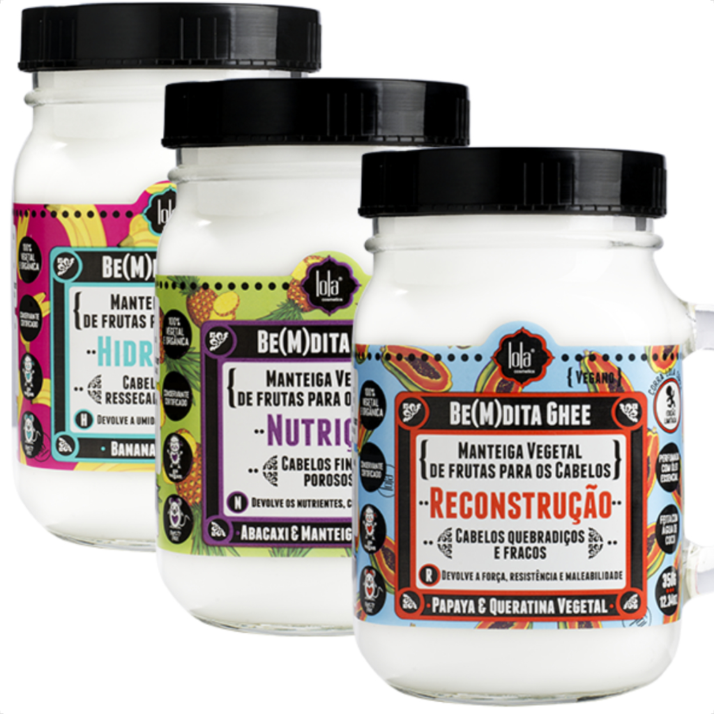 Kit Ghee Caneca Reconstrução Mamão, Hidratação Banana, Nutrição Abacaxi 350g Lola Cosmetics