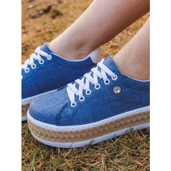 Tênis Feminino Jeans Casual Detalhe Corda Sola Plataforma Macio e Confortável
