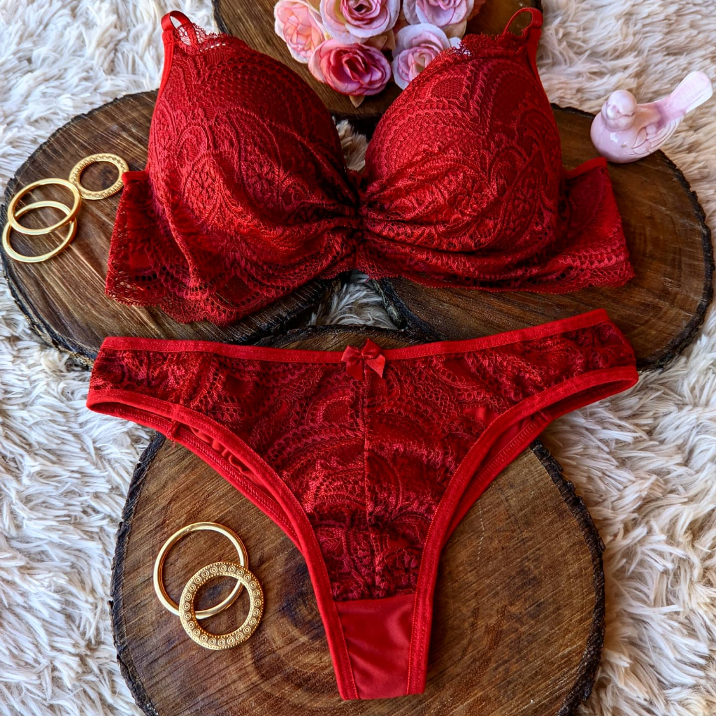 Lingerie Sexy Calcinha Fio Dental e Sutiã Conjunto Langerie Sensual com Bojo Thalita