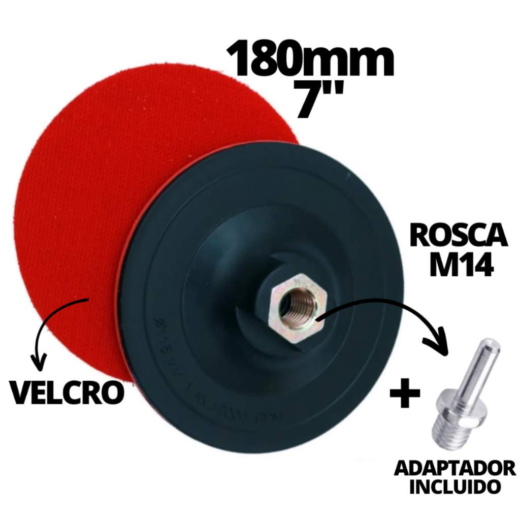 Base Suporte Para Disco De Lixa 180mm Tipo Velcro Rosca M14 + Adaptador Com Rosca Incluído