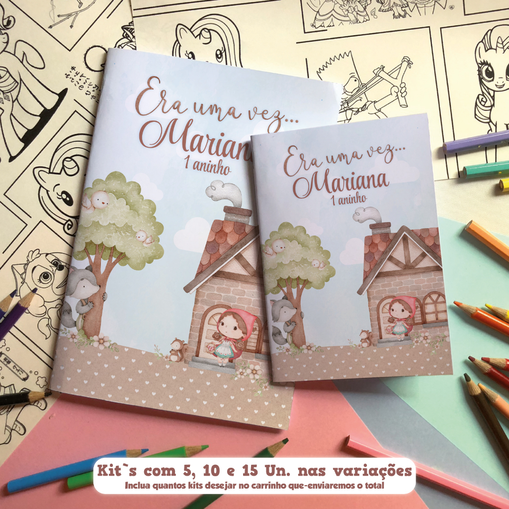 Revistinha livro de colorir A5 de colorir para festa de aniversário e lembrancinhas no tema Chapeuzinho Vermelho