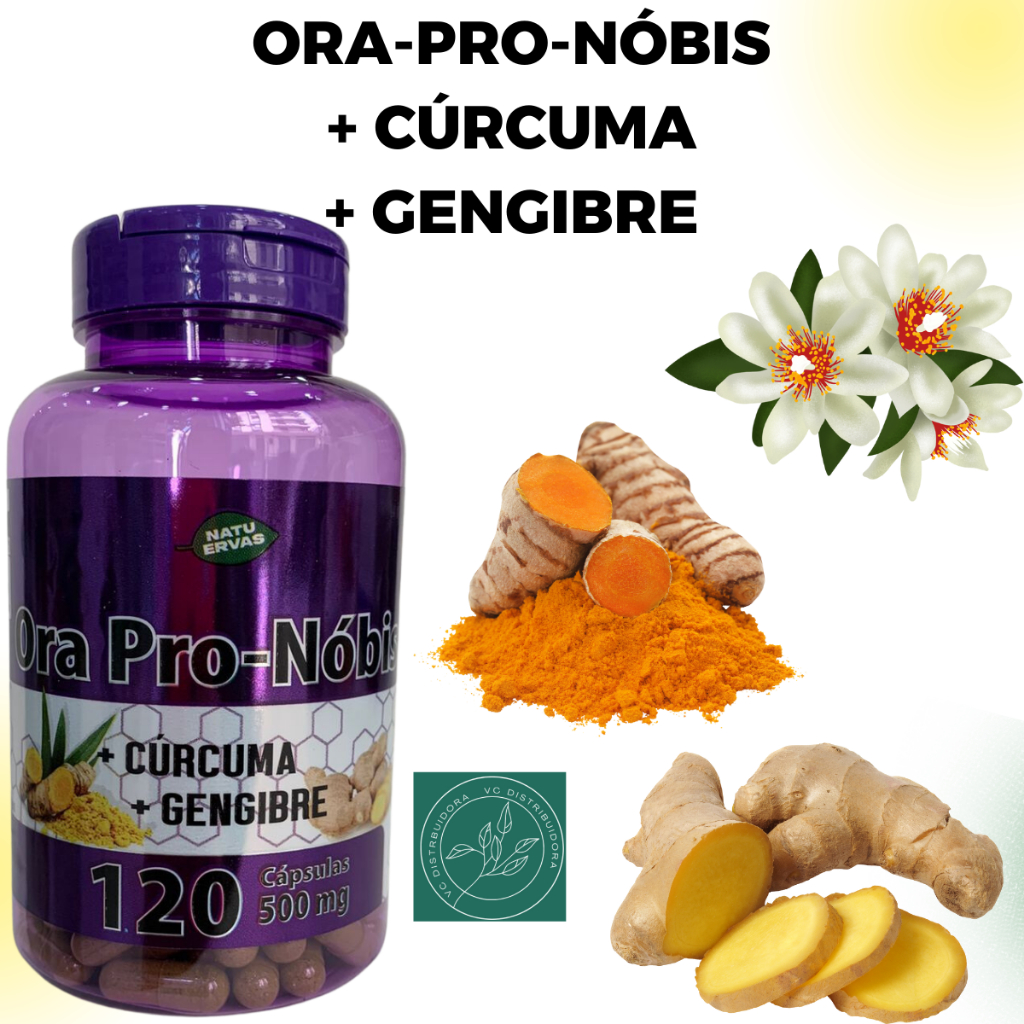 Ora pro nóbis com Cúrcuma e Gengibre Nutrição Natural em 120 Cápsulas 500 mg