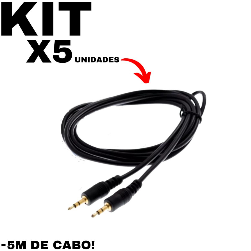 KIT Com 5 Cabos P2 Para Guitarra Celular Caixa De Som Carro Cabo Auxiliar Cabo Transmissor Cabo Para PC Cabo Para Instrumento De Musicas