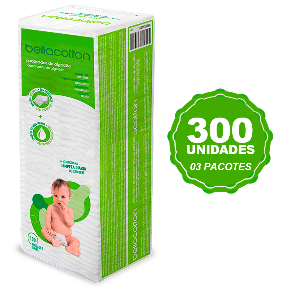 Algodão Quadrado Bellacotton 300 unidades para Bebês