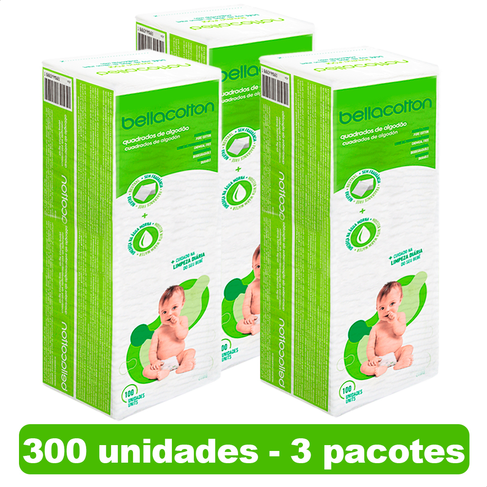 Algodão Quadrado Bellacotton Bebê Kit 3x100 Hipoalergênico Sem Fragrância Recém Nascido