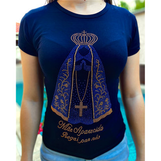 Blusa Camiseta Baby Look Feminina Nossa Senhora Aparecida Rogai Por Nós com Strass Católica Religiosa