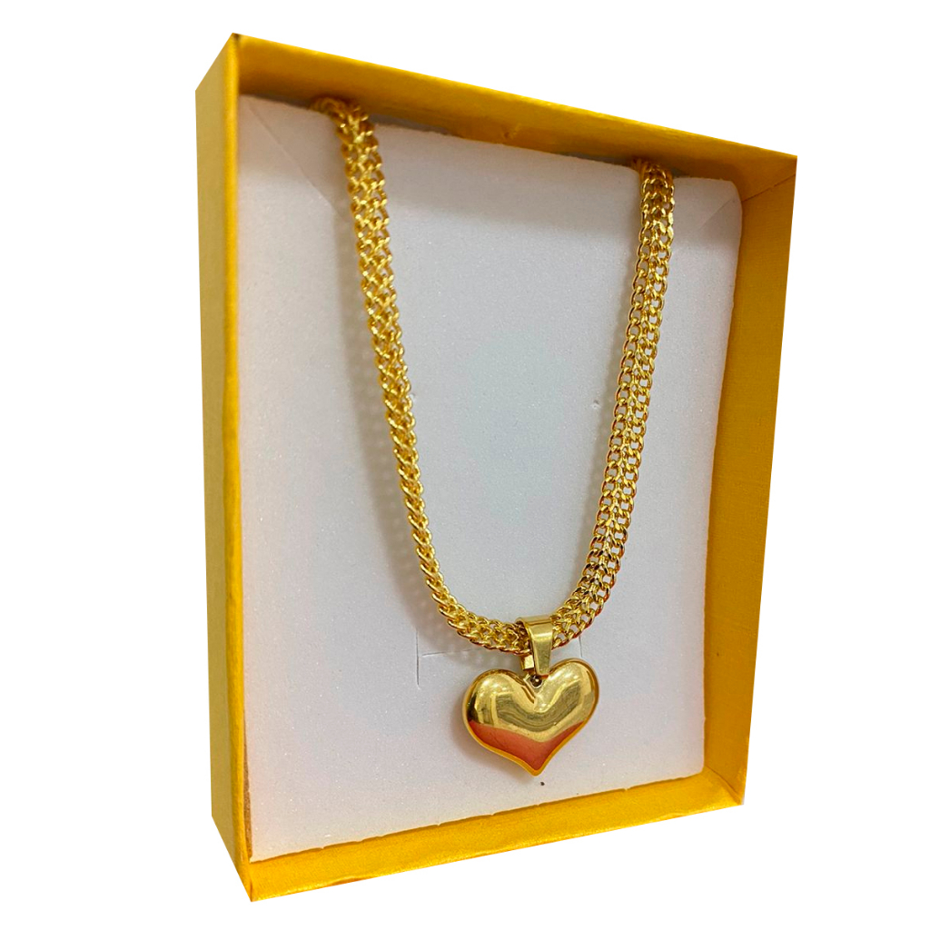 Colar Corrente Feminino Elo Português com Pingente Coração  e outros Folheado Ouro 18K Dourado Gargantilha
