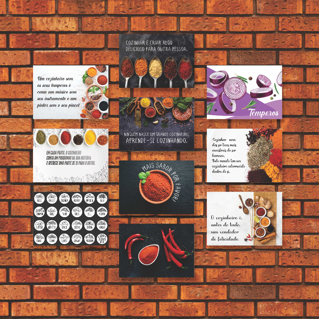 Kit 10 Placas Quadros Decorativos 28x20cm Temperos Especiarias Cozinha Cebola Pimenta Alho Q60