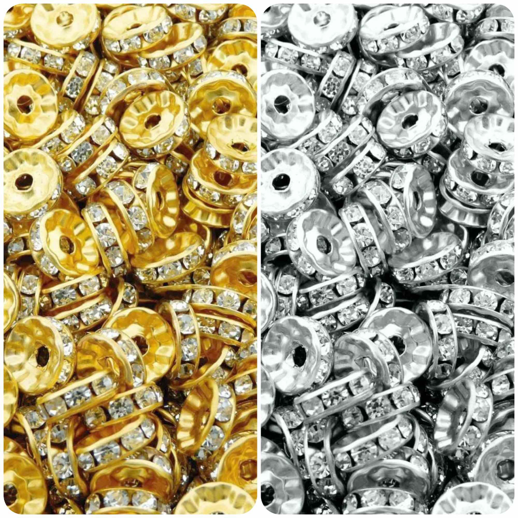 Pct c/ 50 unid Rondelle Strass 8mm ou 10mm - Prata ou Dourado em Oferta na Shopee