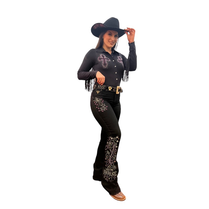 Calça Feminina Moda Country Flare Brilhos Love Horse c/ Elastano.