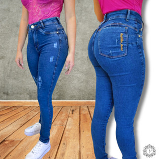 Calça Jeans Feminina Skinny Puido Elastano Cintura Alta Efeito Levanta Bumbum