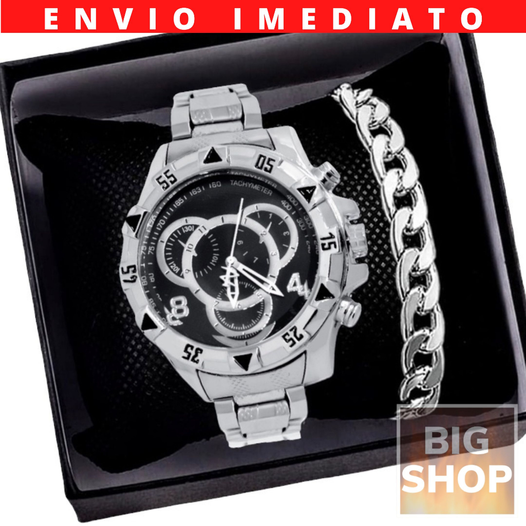 Relógio Prata Preto Kit Masculino Analogico Aço + Pulseira Fina 925 Aço + Corrente Banhado Fina 925