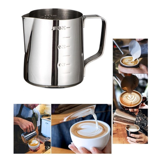 Jarra Leiteira Cremeira Dosadora Latte Art Aço Inox c/ Bico Fino e Medidas Internas 350ml Café Cafeteria Pitcher Barista