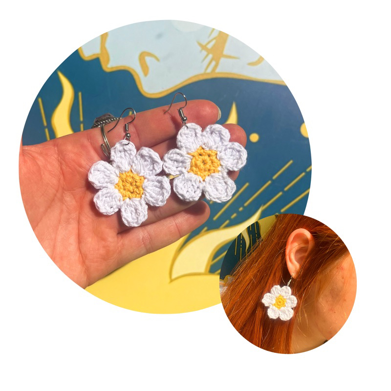 Brinco De Flor Margarida Aesthetic Crochê Delicado Hippie em Oferta na Shopee