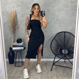 Vestido Midi Elegante Fenda Lateral Tomara que Caia Verão