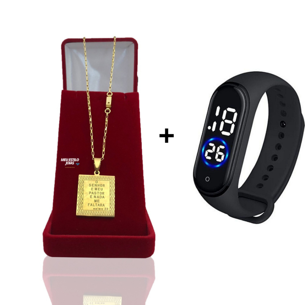 Corrente Infantil Menino Cordão Tijolinho - 1.5mm banhado Ouro 18 k com Pingente Senhor é Meu Pastor  +  Relógio De Pulso Digital Com LED Prova D'água Corrente Masculina Infantil
