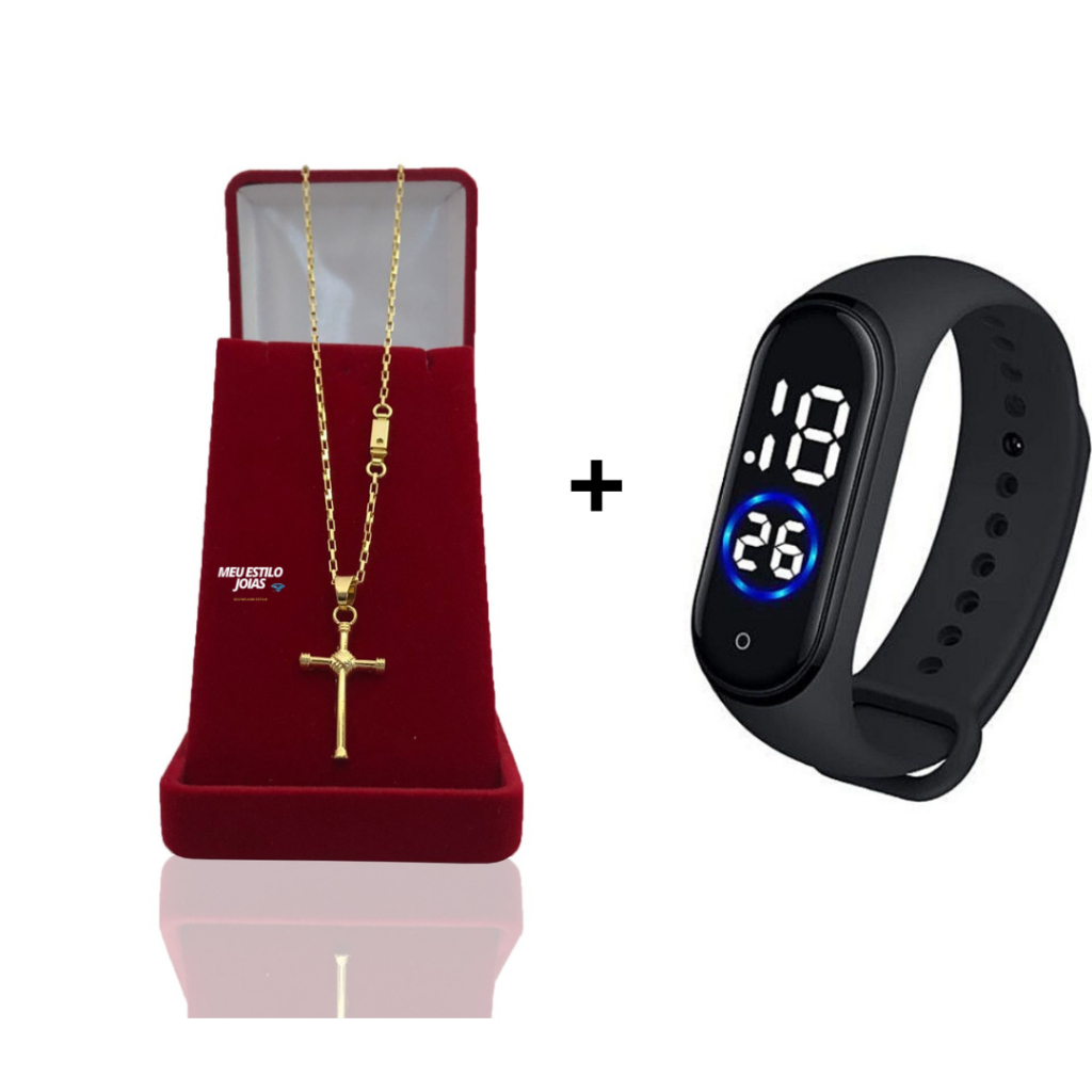Corrente Infantil Menino Cordão Tijolinho - 1.5mm banhado Ouro 18 k com Pingente Cruz Racionais  +  Relógio De Pulso Digital Com LED Prova D'água Corrente Masculina Infantil