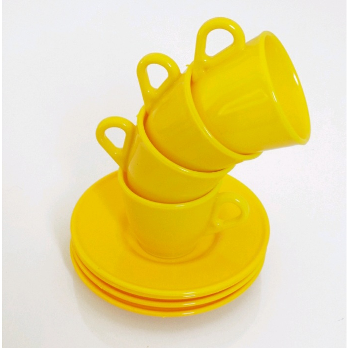 Conjunto 6 Xícara Café Chá Acrílico 50 ml com 6 Pires Amarelo Acrílico