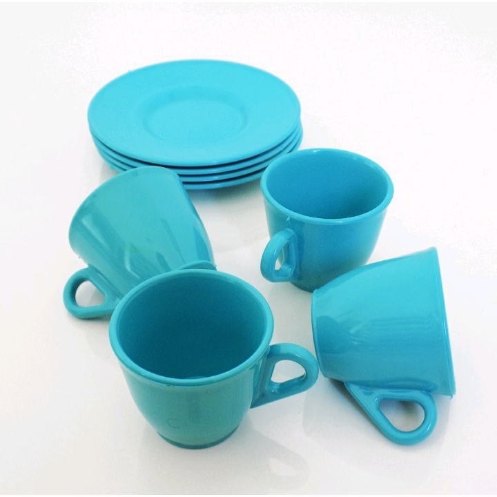 Conjunto 6 Xícara Café Chá Acrílico 50 ml com 6 Pires Azul Tiffany Acrílico