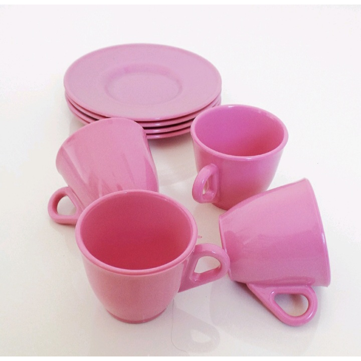 Conjunto 6 Xícara Café Chá Acrílico 50 ml com 6 Pires Rosa Bebê Acrílico