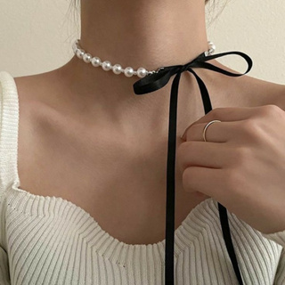 Colar de Pérolas Elegante - Colar Choker de Pérolas Elegante Gargantilha de pérolas com laço preto em Oferta na Shopee