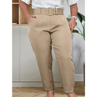 Calças plus size com corte social com cintos casuais elegantes