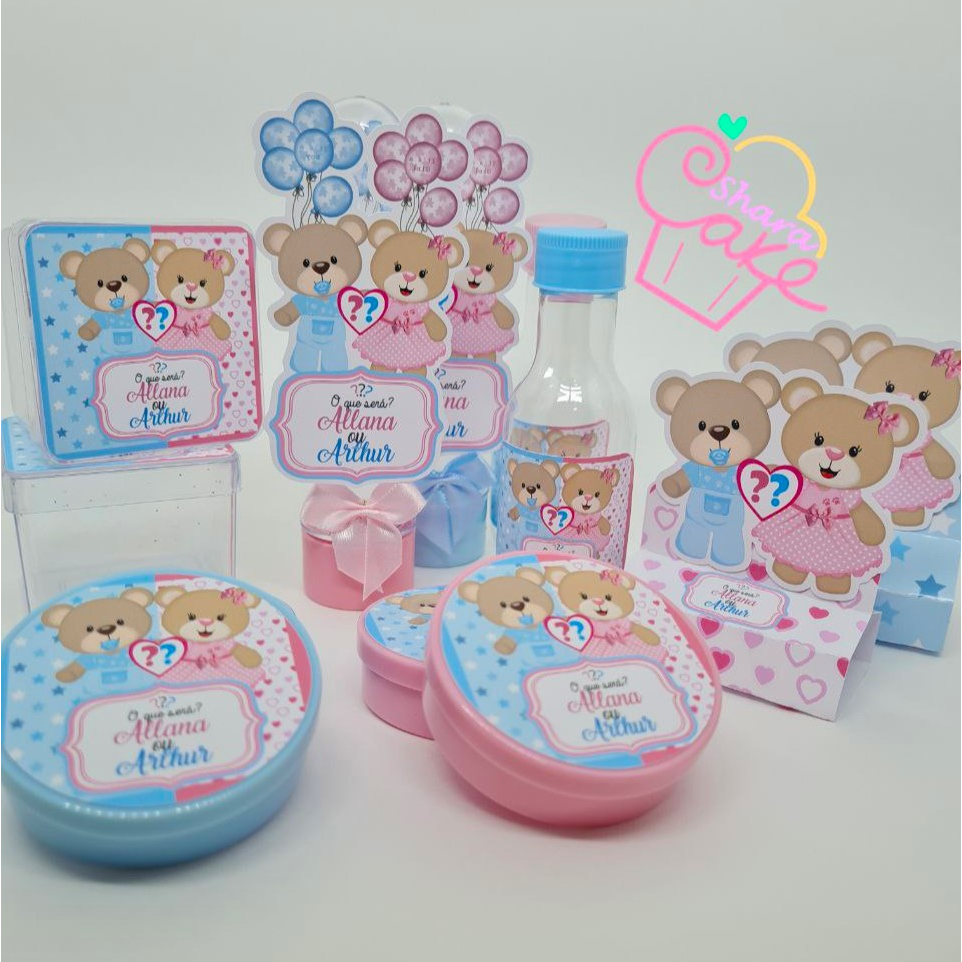 Kit Festa Chá Revelação (Menino ou Menina) Ursinhos Balão Azul e Rosa - 50 Peças