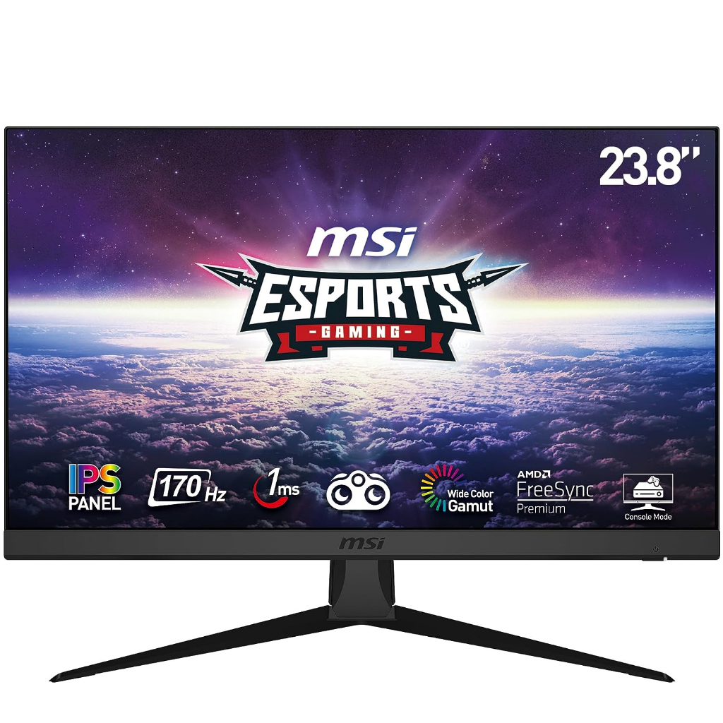 MSI G2412 Esports Gaming Monitor | 23.8 Inch FullHD (1920x1080) | 170Hz Refresh Rate | 1ms | Wide Color Gamut | AMD FreeSync Premium | Anti Glare, Less Blue Light | IPS Panel | VESA Mount | Black