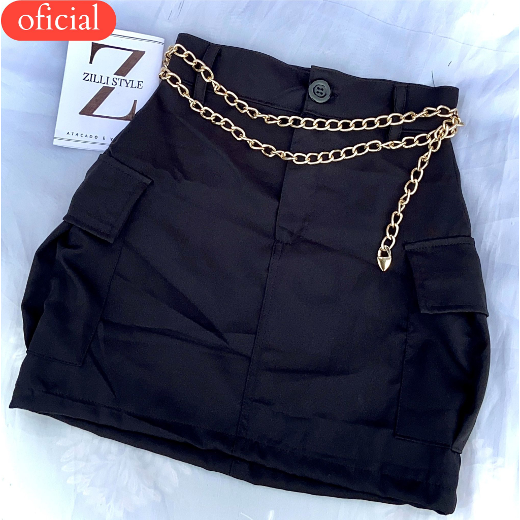 saia cargo alfaiataria cintura alta curta com bolsos na lateral do PP ao G2 em Oferta na Shopee