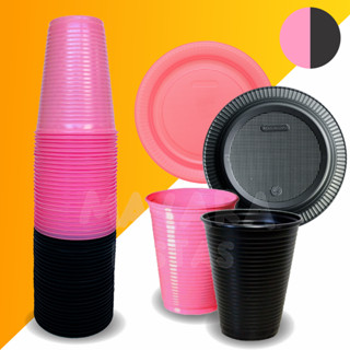 Kit Prato e Copo Descartável Preto e Rosa Claro - 70 Peças
