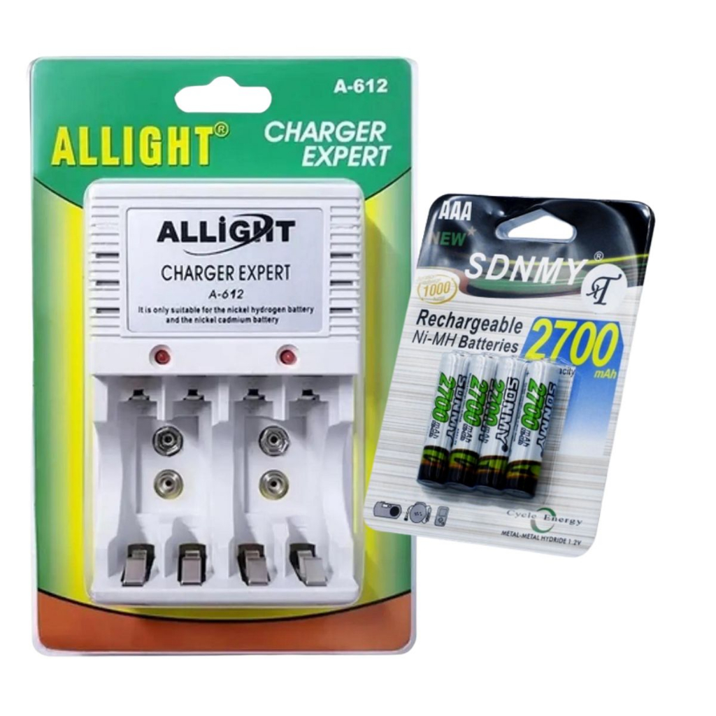 Kit Carregador de Pilhas e Bateria 9v com 4 Pilhas AAA 2700mAh Palito Recarregáveis de Parede Super Rápido