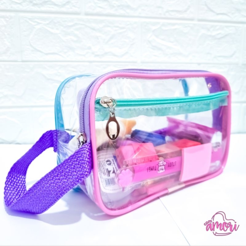 Estojo Necessaire Transparente com Alça e Bolso Externo para Maquiagens Cosméticos e Uso Escolar