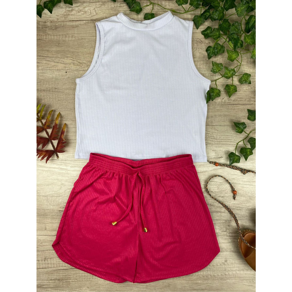 Kit Cropped Top Simples básico Regata+Short Curto Malha Canelada Bloguririnha