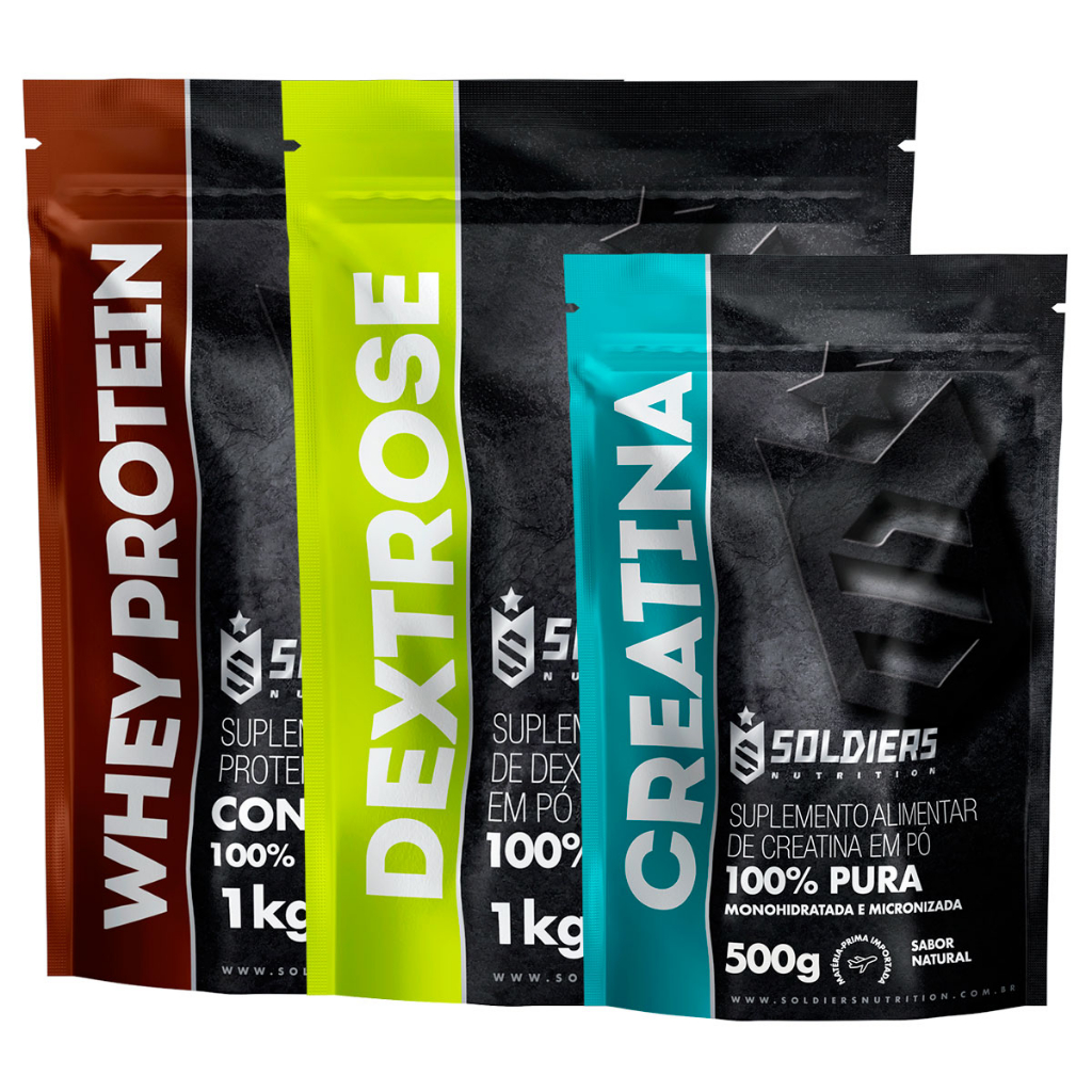Kit: Whey Protein Concentrado 1kg + Creatina 500g Monohidratada + Dextrose 1kg - 100% Importado - Soldiers Nutrition