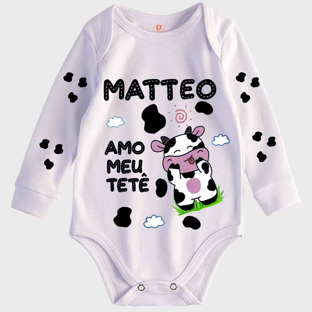 Body de Bebê Manga Longa Amo Meu Tetê Body Bebê Personalizado Com Nome