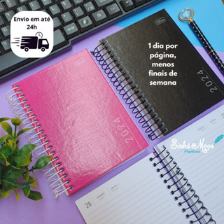 Agenda Diária Básica Espiral 2024 PEPPER  11,7x16,4 cm Preta Pink Estampada Feminina TILIBRA
