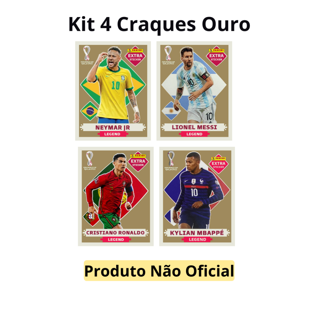 Figurinha Album Copa do Mundo Extra Sticker Neymar Cristiano Ronaldo Messi Mbappe Kit com 4 Ouro 1°Linha Copa do Mundo Qatar