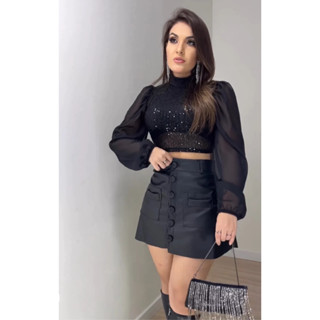 Cropped Brilho Manga Longa Bufante Tule Paete Gola Alta Festa Balada Moda Feminina Gringa