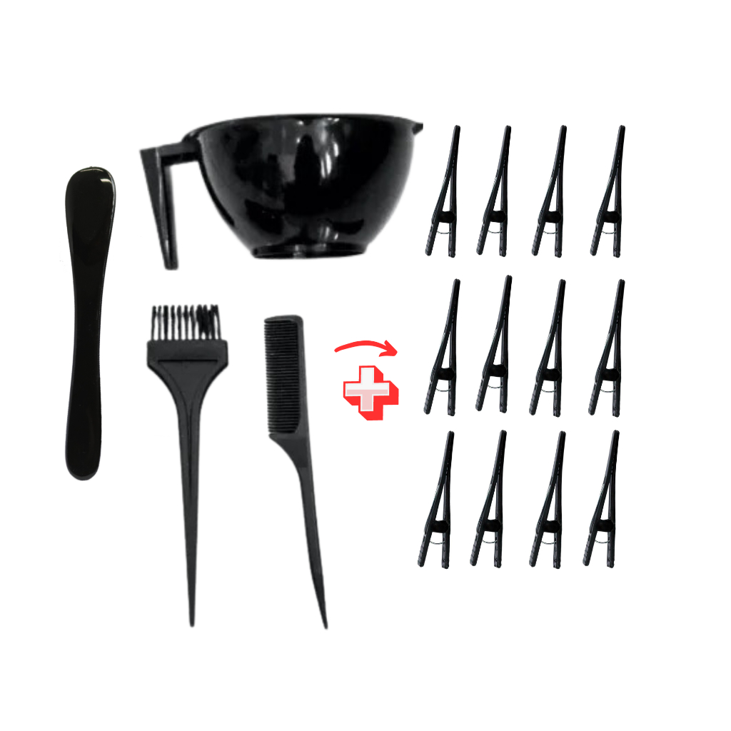 Kit para Tintura Premium com Pincel, Pentes, Cumbuca,Espatula, 12 piranha bico de pato cor Sortidas