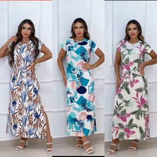 vestido longo de amarrar na cintura estampado gola casual manga curta