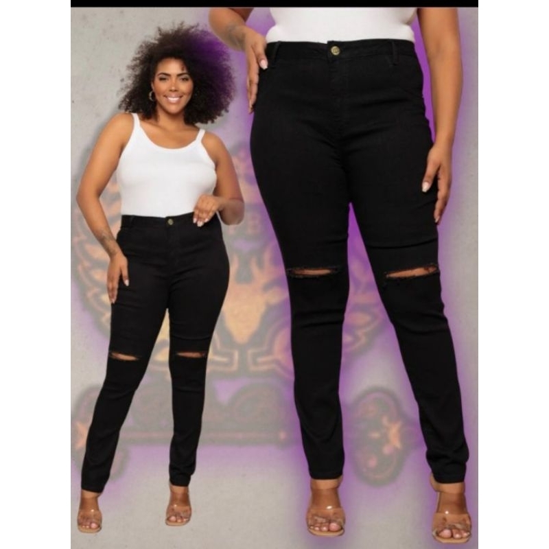 calça jeans feminina preta rasgado no joelho plus size com laycra wissam jeans