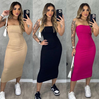 Vestido Feminino Midi Tomara Que Caia Tubinho Básico Reto Anarruga Canelado Longo feminino curto VESTIDOS PRETO ROSA AZUL NUDE BEGE VERDE ROXO PINK BRANCO