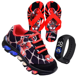 Kit tenis de LED Aranha masculino mais chinelo mais relogio