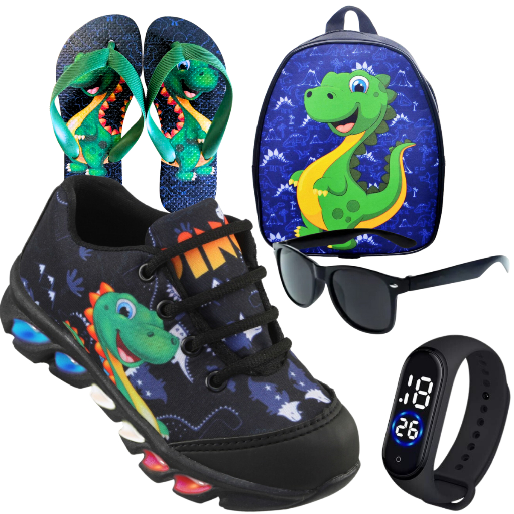 Kit tenis de LED infantil Dinossauro masculino mais chinelo mais mochila mais relogio e oculos