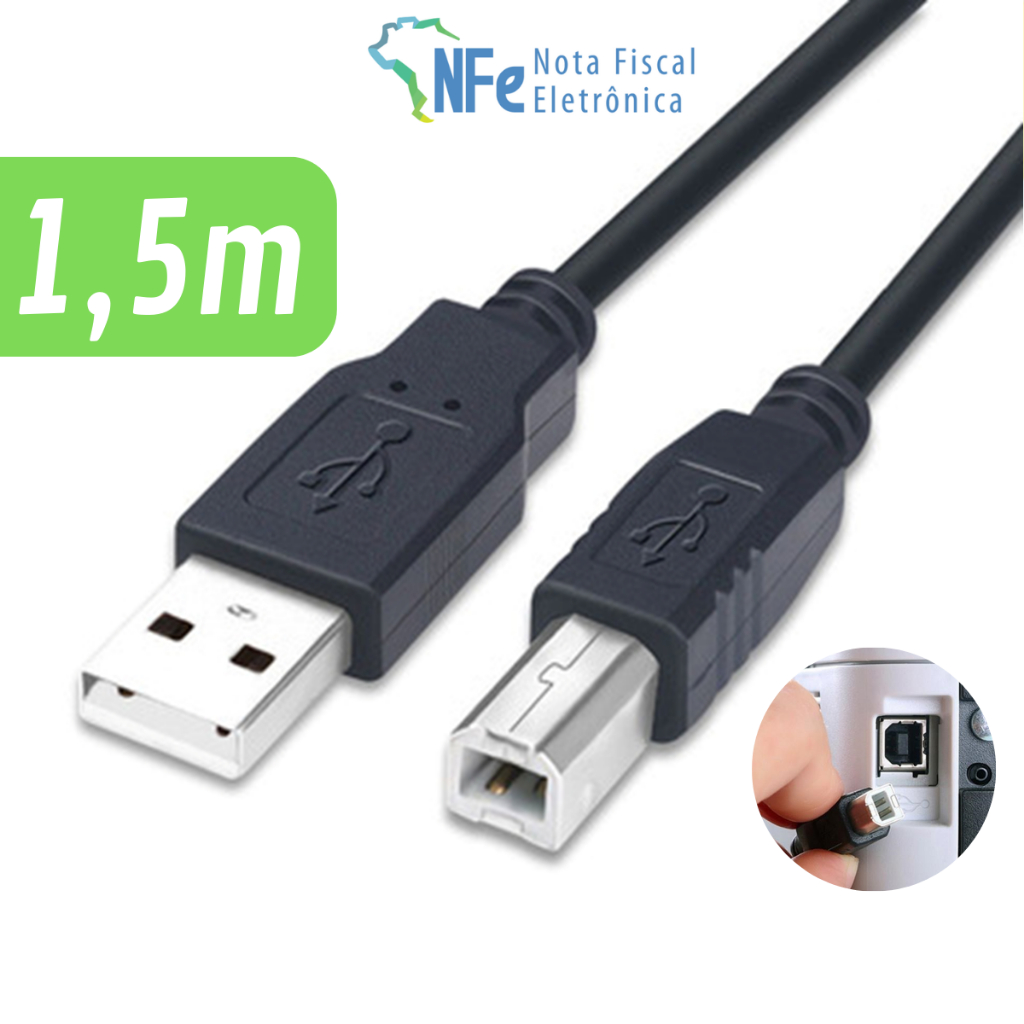 Cabo USB 1,5 metros para Impressora Scanner Multifuncional Bateria Eletrônica Te