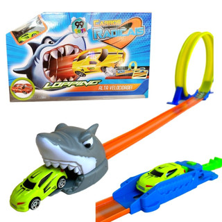 Pista Dupla de carrinho com lançador looping 360 Tubarão Dinossauro Radical