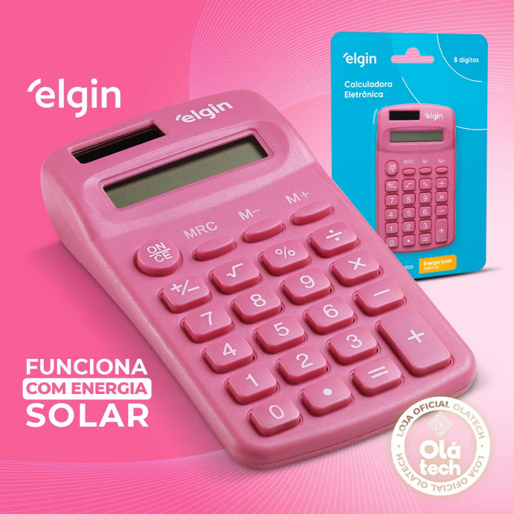 MINI CALCULADORA DE BOLSO 08 DÍGITOS ELGIN ORIGINAL ROSA PINK PEQUENA COMPACTA E PORTÁTIL COLORIDA