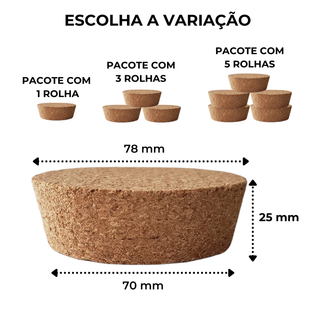 Rolha / Tampa de Cortiça 70 x 78 x 25mm Vidro Boca 73mm
