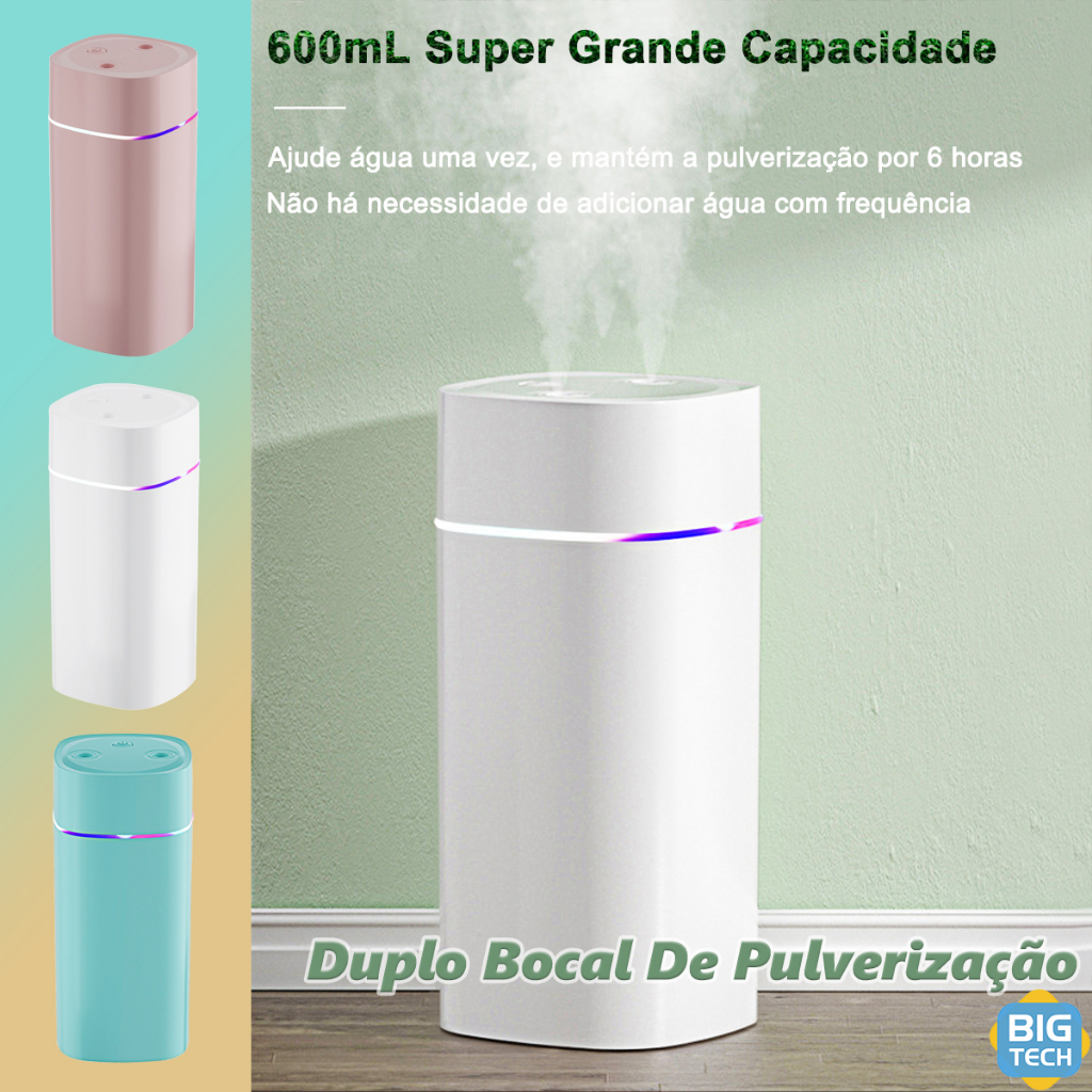 Umidificador De Ar Difusor Aromatizador Capacidade De 600ml E Luzes Coloridas Led Ultrassônico Escritório Bico Duplo em Oferta na Shopee